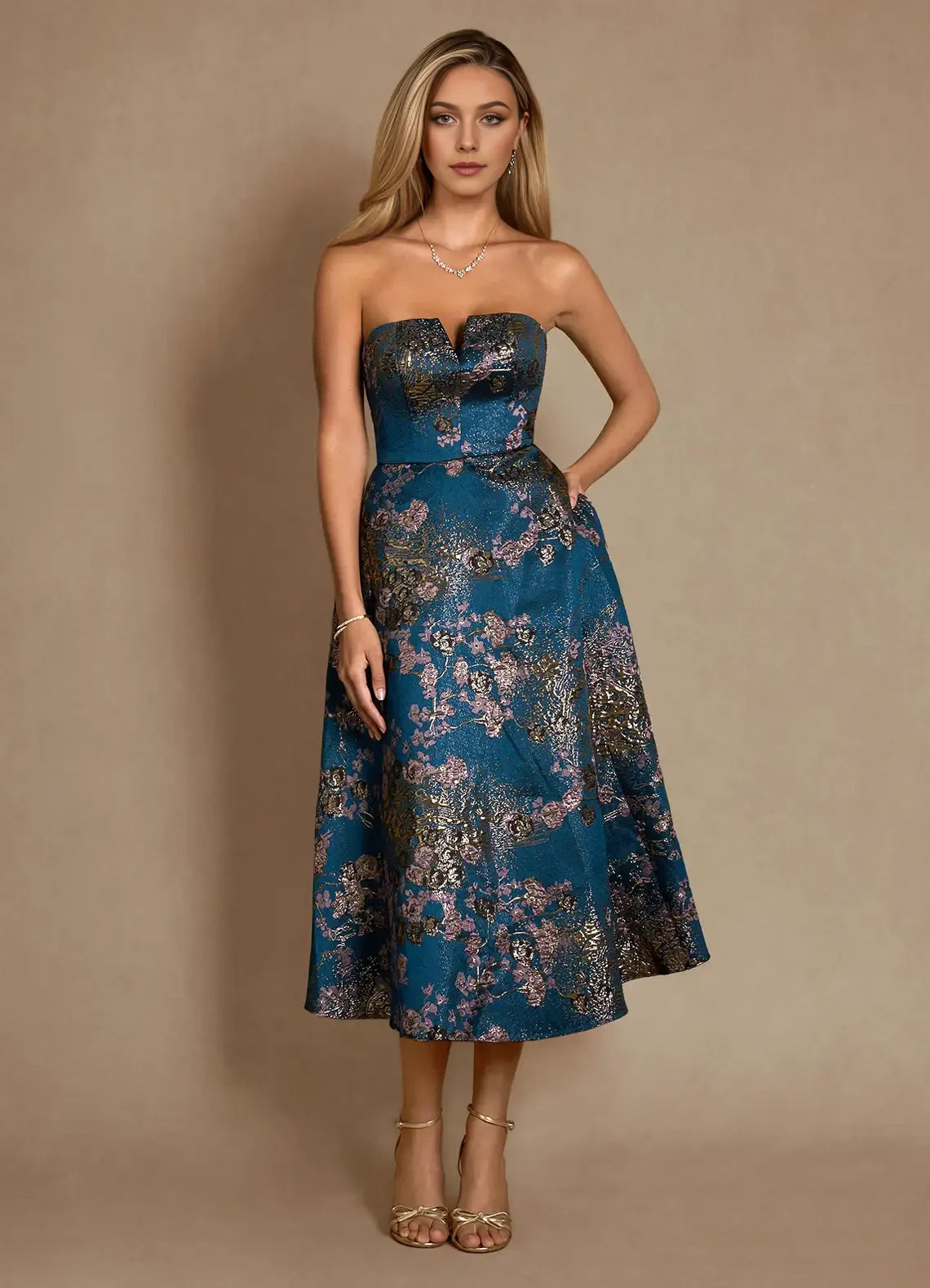 Elegant A-Line V-Neck Sleeveless Floral-Jacquard Pleated Tea-Length Back Zip Mother of the Bride Dress