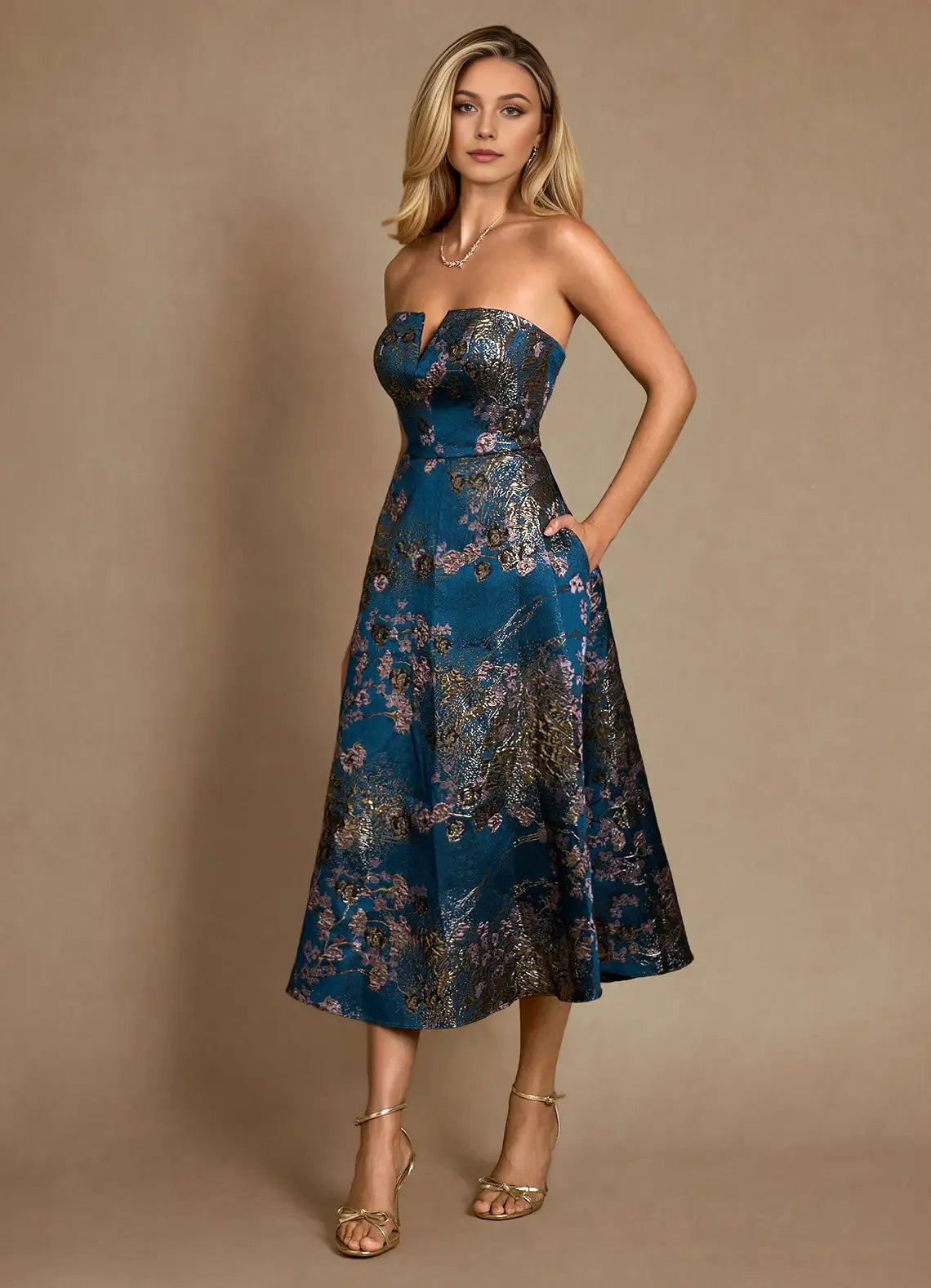 Elegant A-Line V-Neck Sleeveless Floral-Jacquard Pleated Tea-Length Back Zip Mother of the Bride Dress