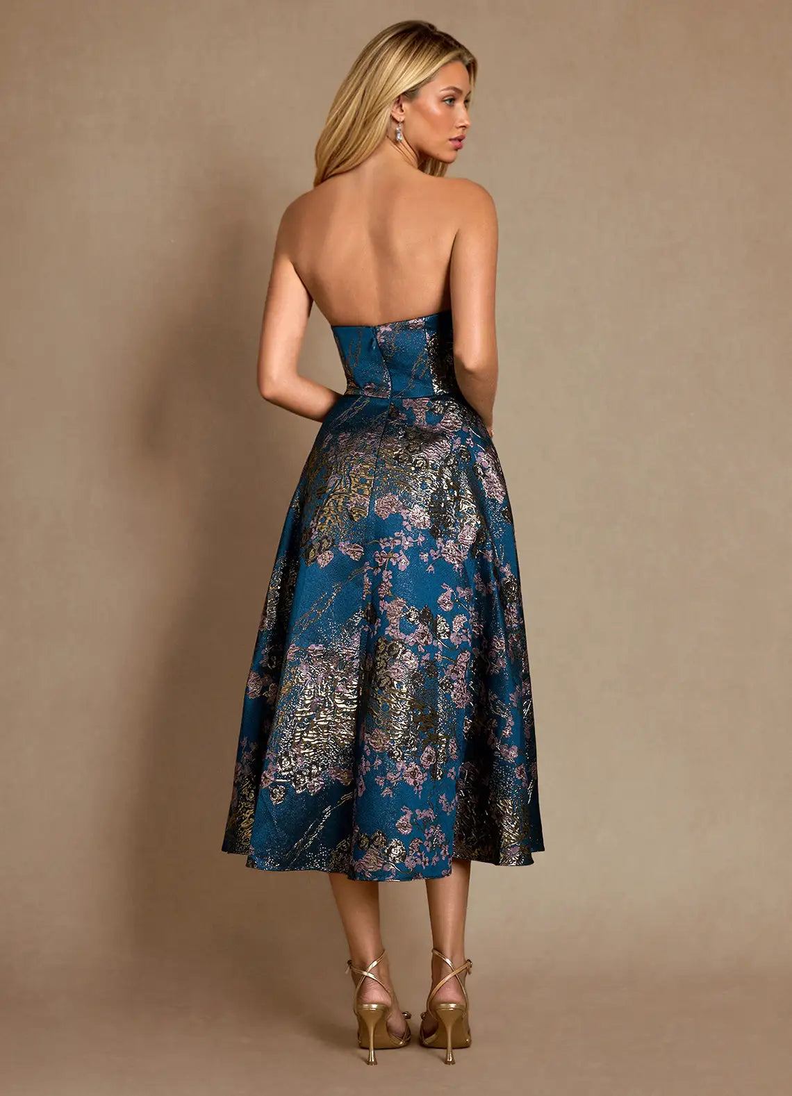 Elegant A-Line V-Neck Sleeveless Floral-Jacquard Pleated Tea-Length Back Zip Mother of the Bride Dress
