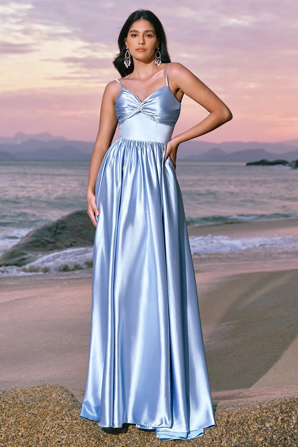 Elegant A-Line V-Neck Spaghetti-Sleeve Bow Back Long Bridesmaid Dresses
