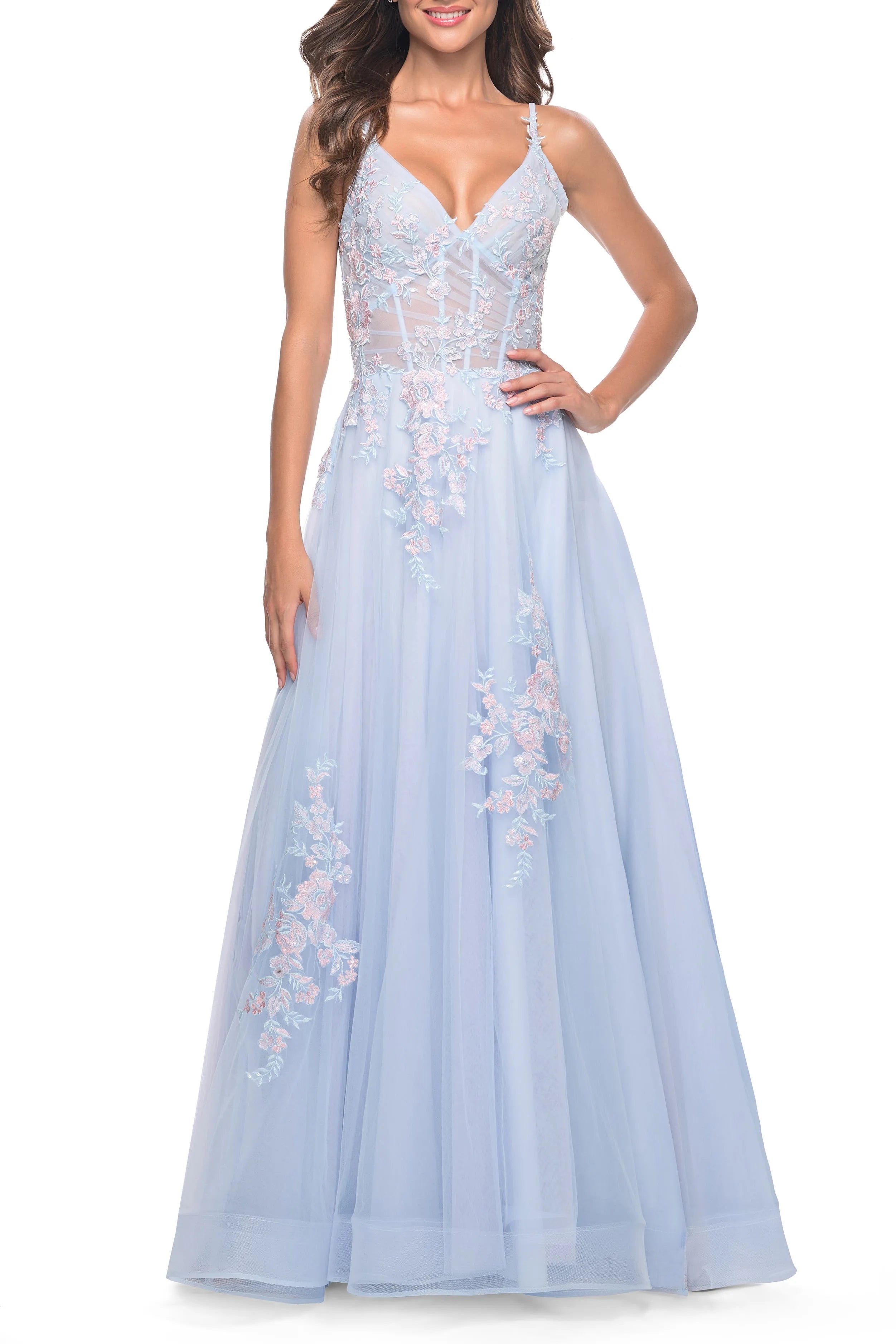 Elegant A -Line V -Neck Spaghetti Strap Floral Tulle Floor -Length Prom Dress with Lace Applique