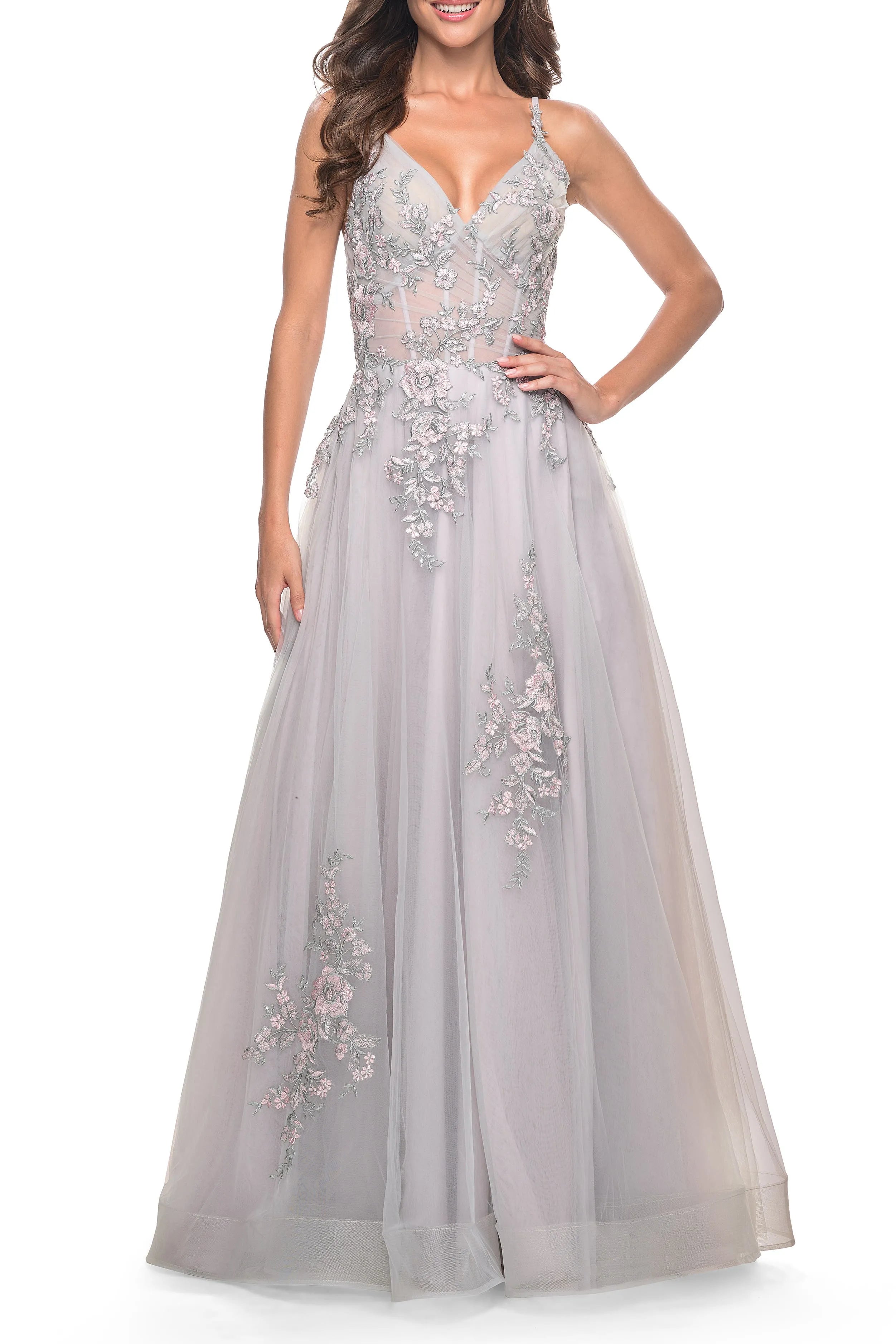 Elegant A -Line V -Neck Spaghetti Strap Floral Tulle Floor -Length Prom Dress with Lace Applique