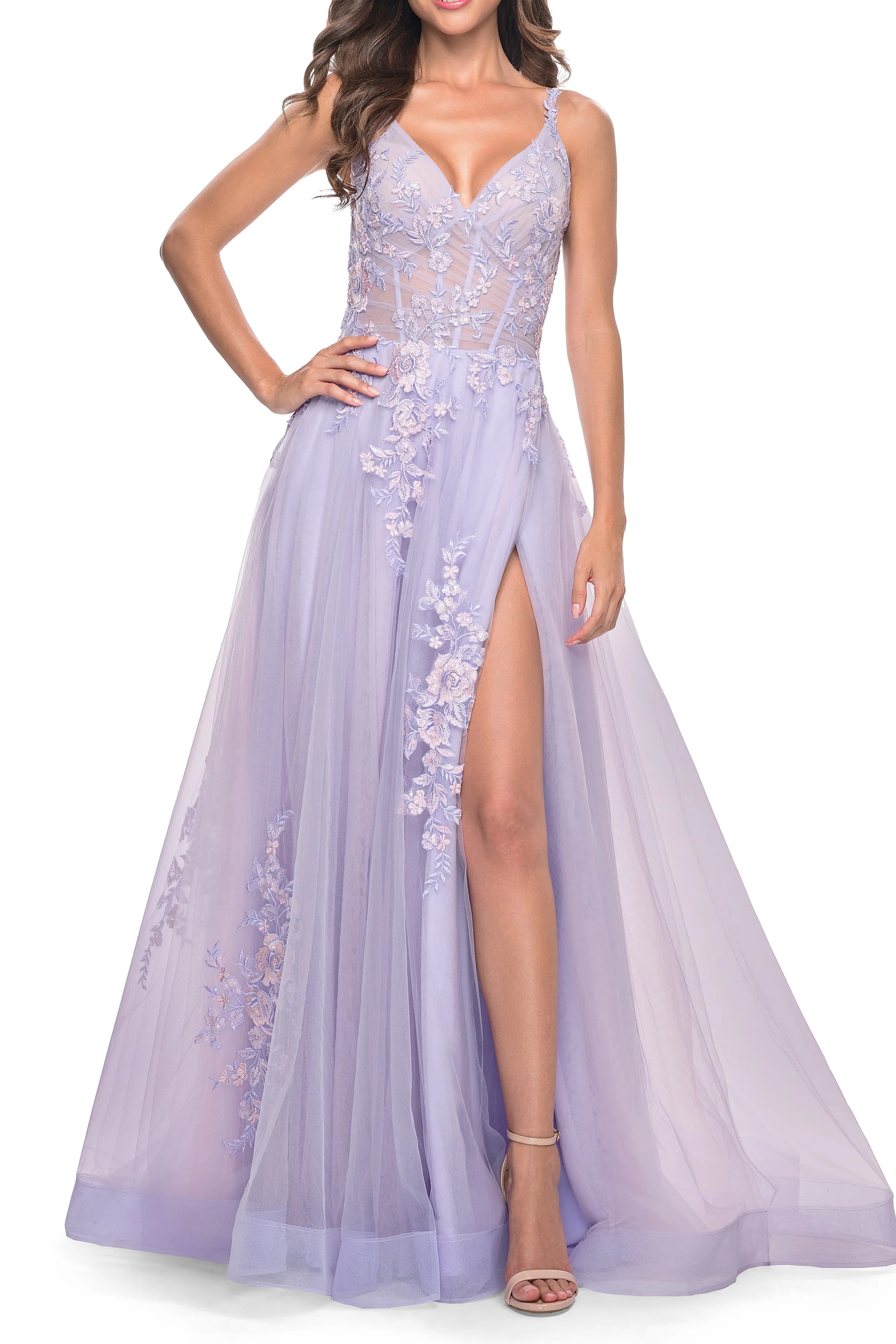 Elegant A -Line V -Neck Spaghetti Strap Floral Tulle Floor -Length Prom Dress with Lace Applique