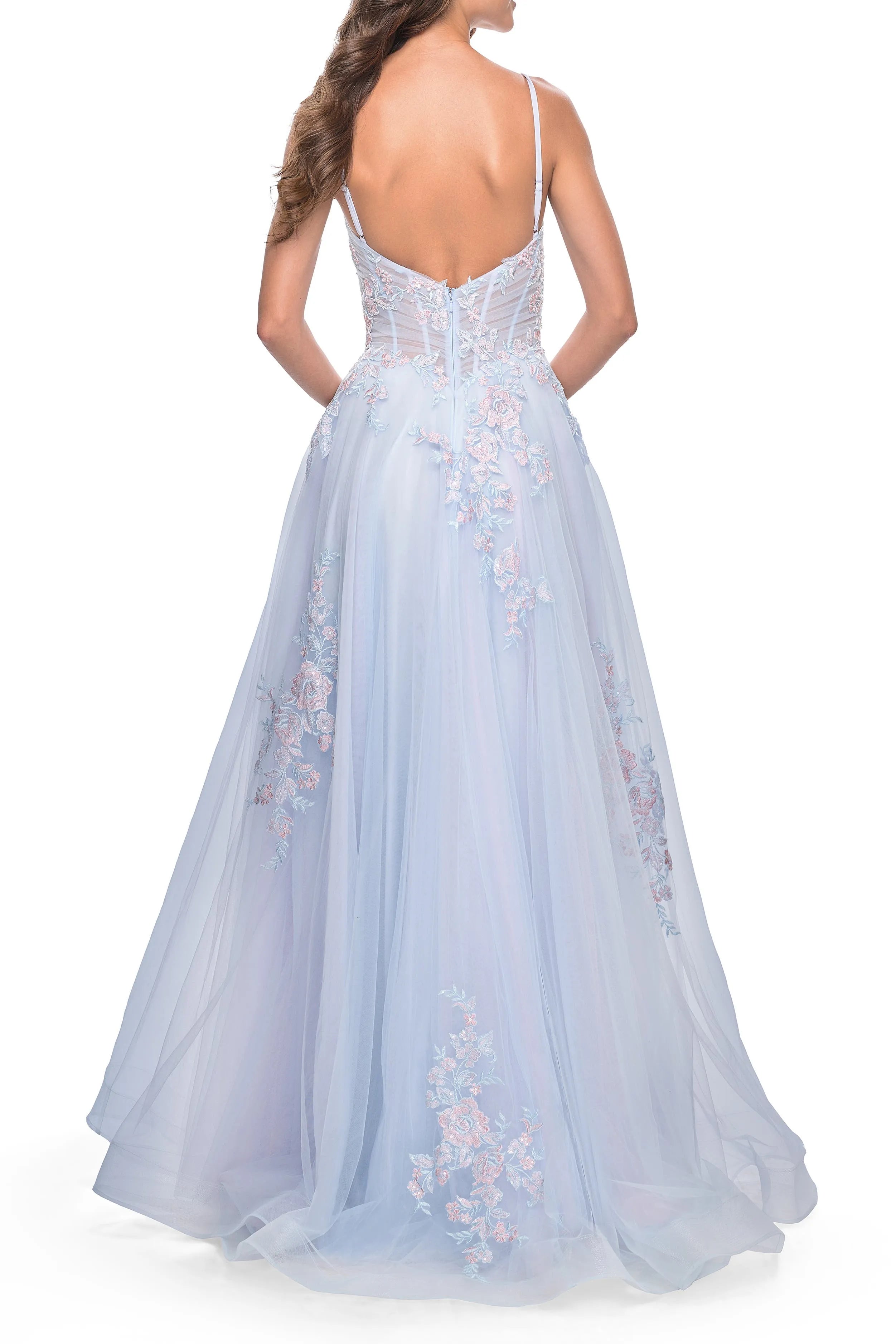 Elegant A -Line V -Neck Spaghetti Strap Floral Tulle Floor -Length Prom Dress with Lace Applique