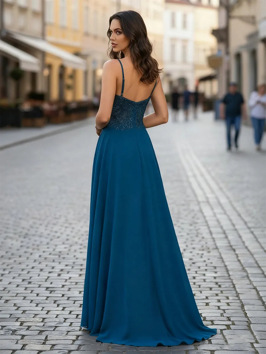 Elegant A-Line V-Neck Spaghetti Strap Sequin Back Floor-Length Prom Dresses
