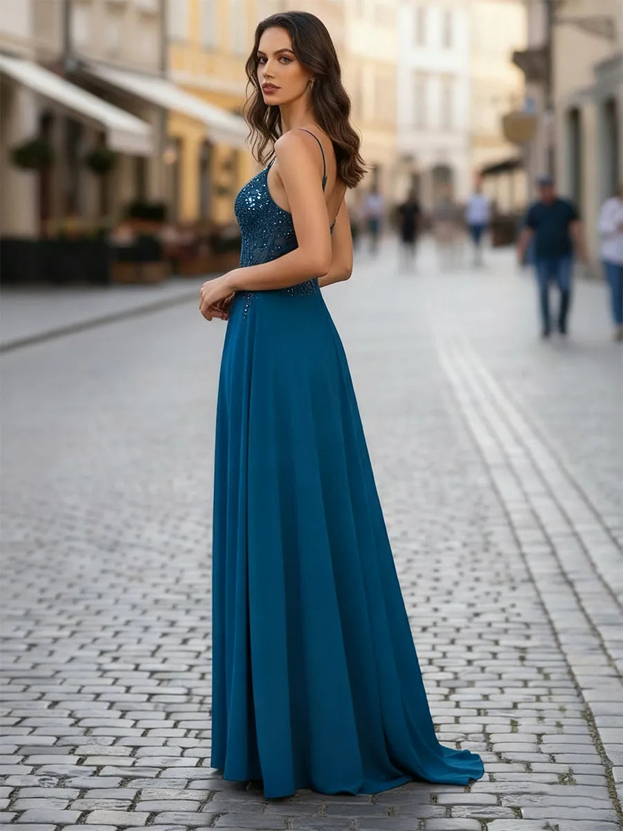 Elegant A-Line V-Neck Spaghetti Strap Sequin Back Floor-Length Prom Dresses