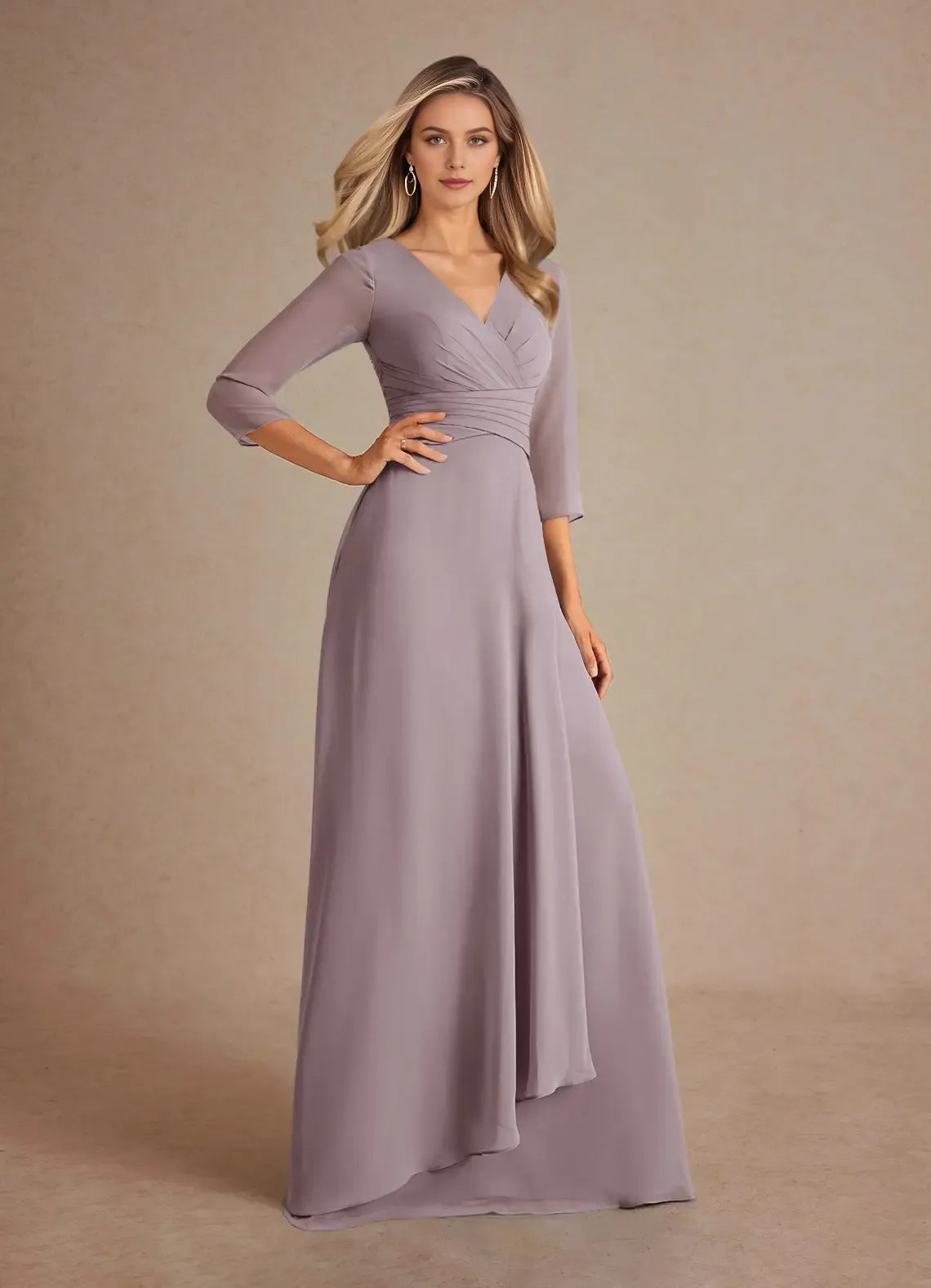 Elegant A-Line V-Neck Three-Quarter Sleeve Ruched-Back Back Zip Floor-Length Mother of the Bride Dress for women Hot Sale