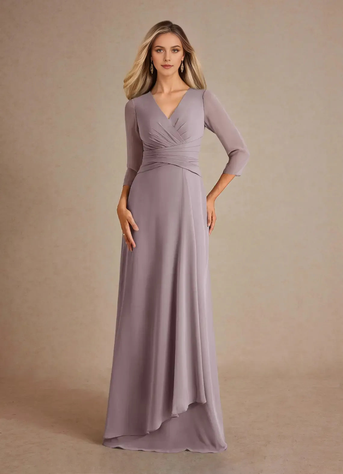 Elegant A-Line V-Neck Three-Quarter Sleeve Ruched-Back Back Zip Floor-Length Mother of the Bride Dress for women Hot Sale
