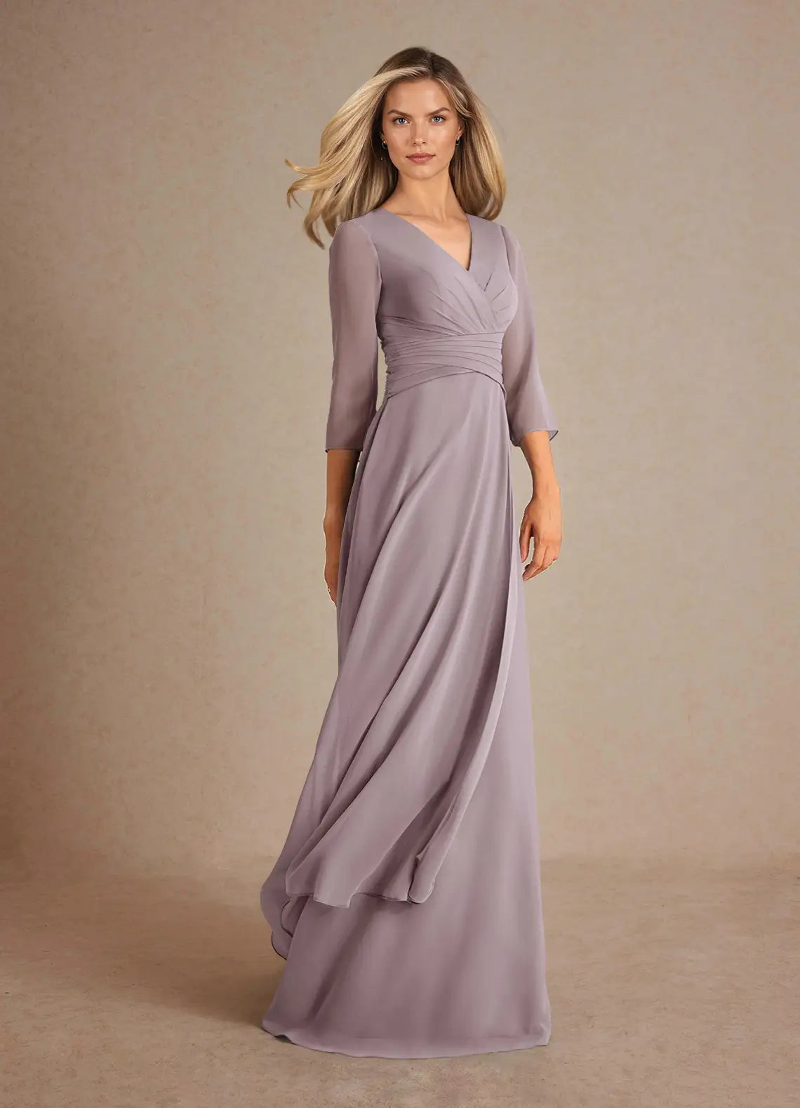 Elegant A-Line V-Neck Three-Quarter Sleeve Ruched-Back Back Zip Floor-Length Mother of the Bride Dress for women Hot Sale