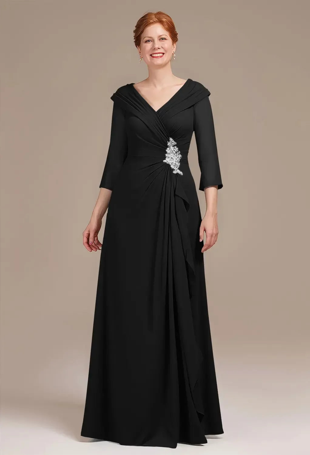 Elegant A-Line V-Neck Three-Quarter Sleeves Embellished Back Floor-Length Mother Of The Bride Dresses