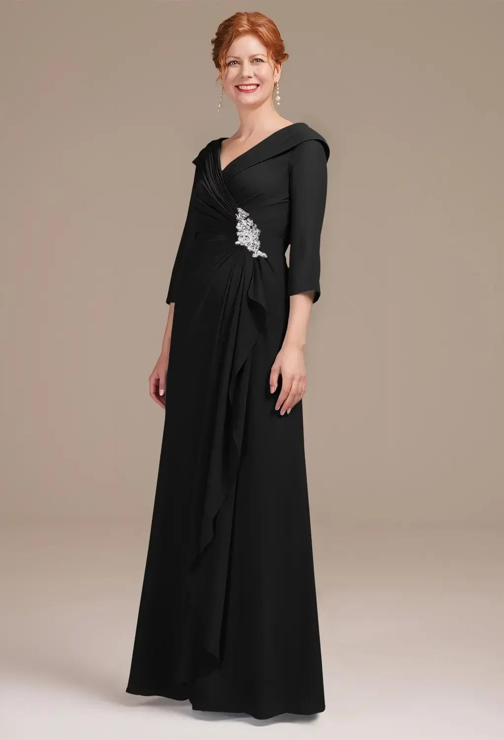 Elegant A-Line V-Neck Three-Quarter Sleeves Embellished Back Floor-Length Mother Of The Bride Dresses