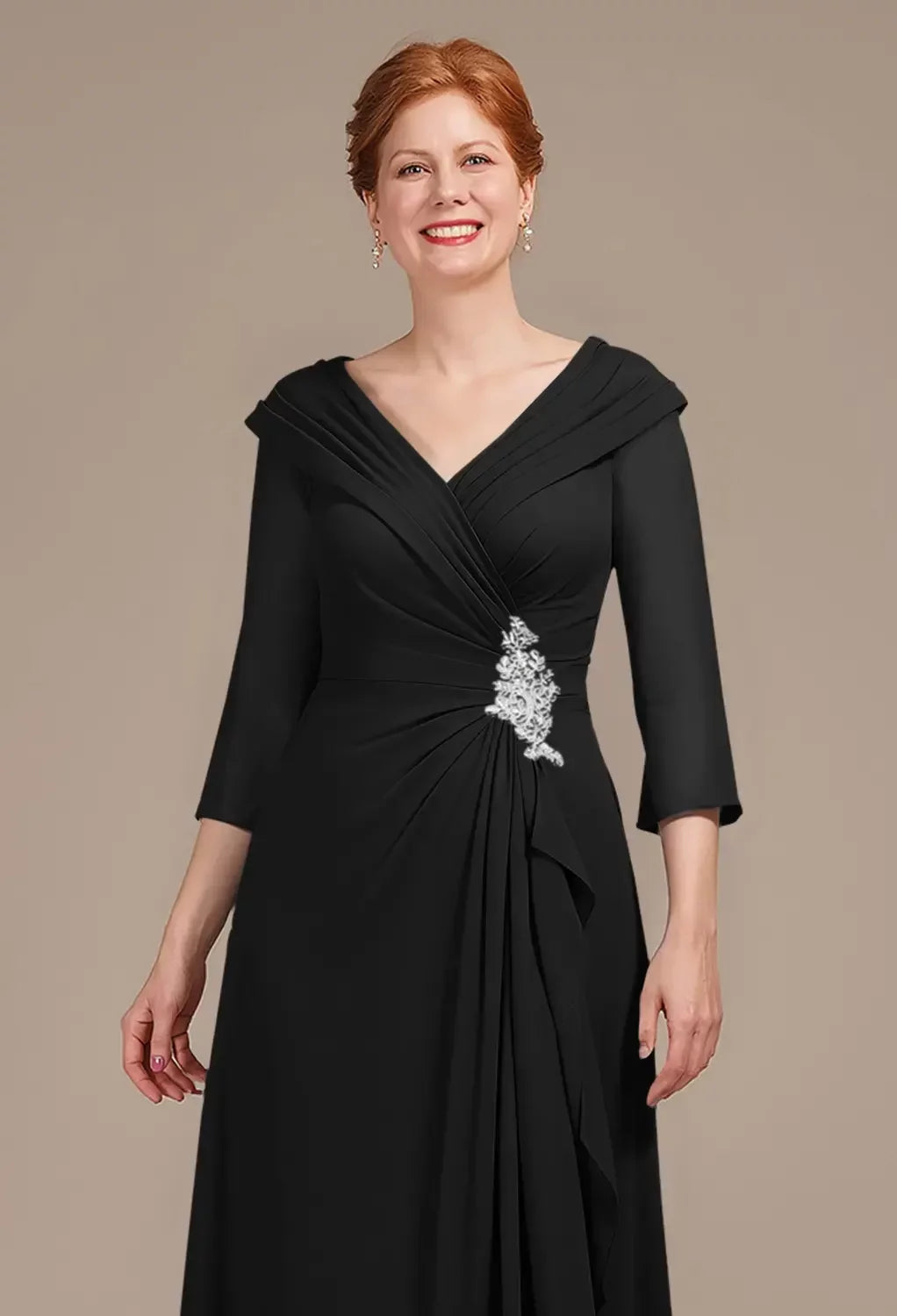 Elegant A-Line V-Neck Three-Quarter Sleeves Embellished Back Floor-Length Mother Of The Bride Dresses