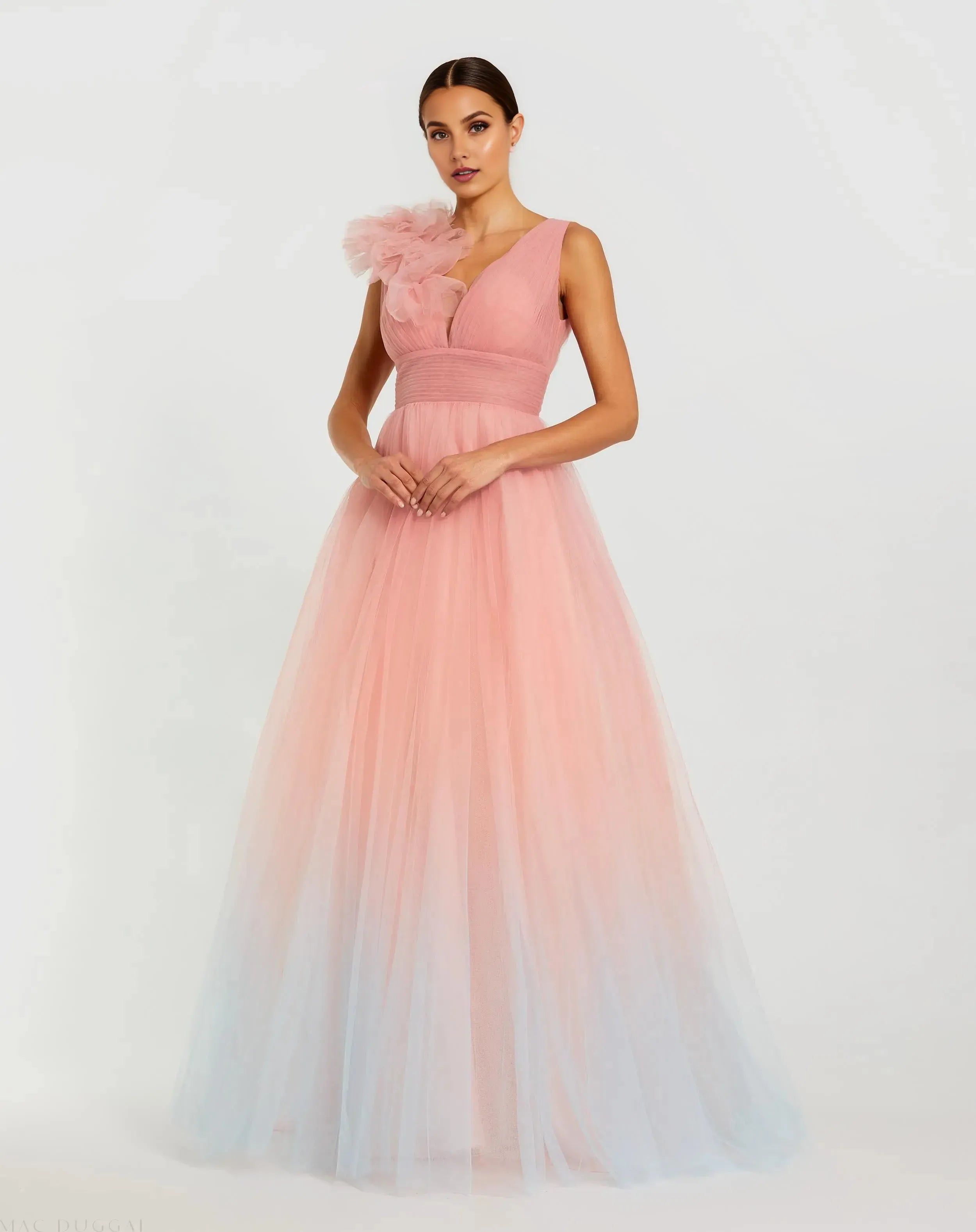 Elegant A-Line V Neck Ruffle Shoulder Back zipper Floor-Length Ombre Pink Tulle Prom Dresses with Flower Detail