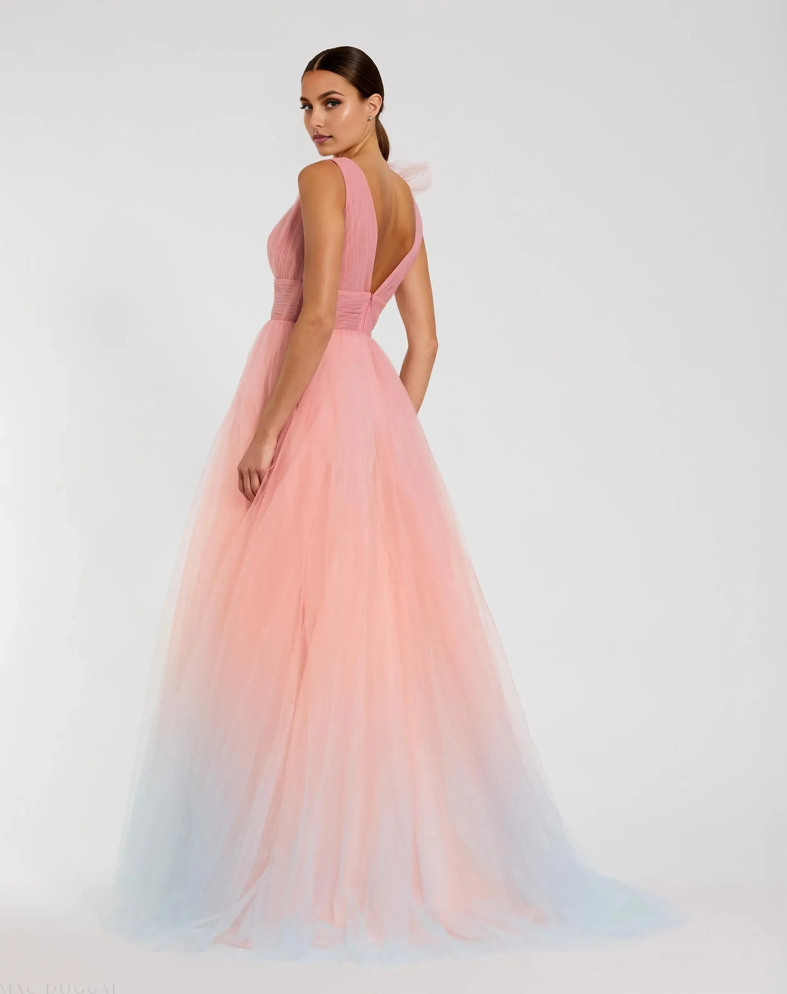 Elegant A-Line V Neck Ruffle Shoulder Back zipper Floor-Length Ombre Pink Tulle Prom Dresses with Flower Detail