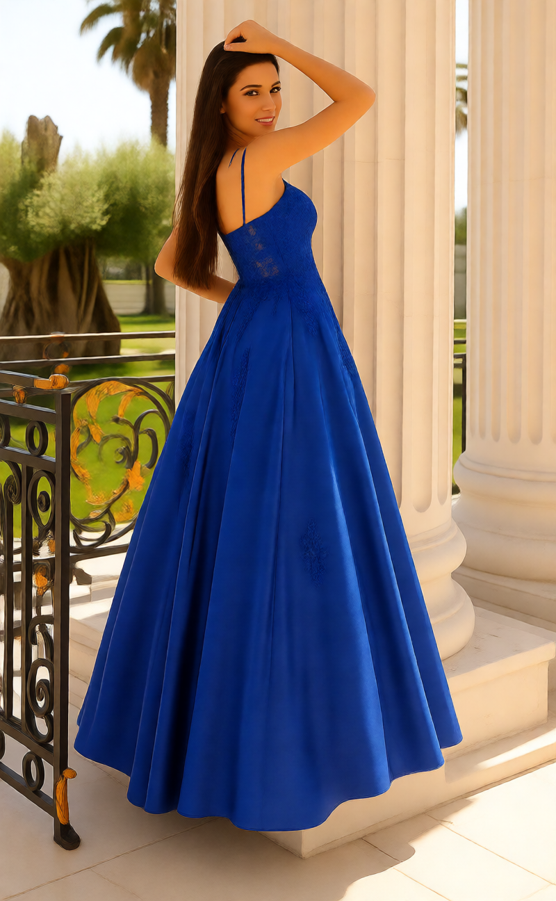 Elegant A-line Scoop Neckline Spaghetti Strap Back Zip Lace Applique Satin Floor-Length Prom Dress