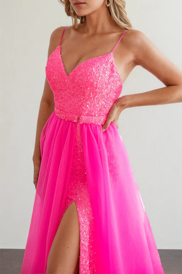 Elegant A-line Spaghetti-Straps Sleeveless Lace Up Sequin Tulle High Side Slit Floor-Length Prom Dress