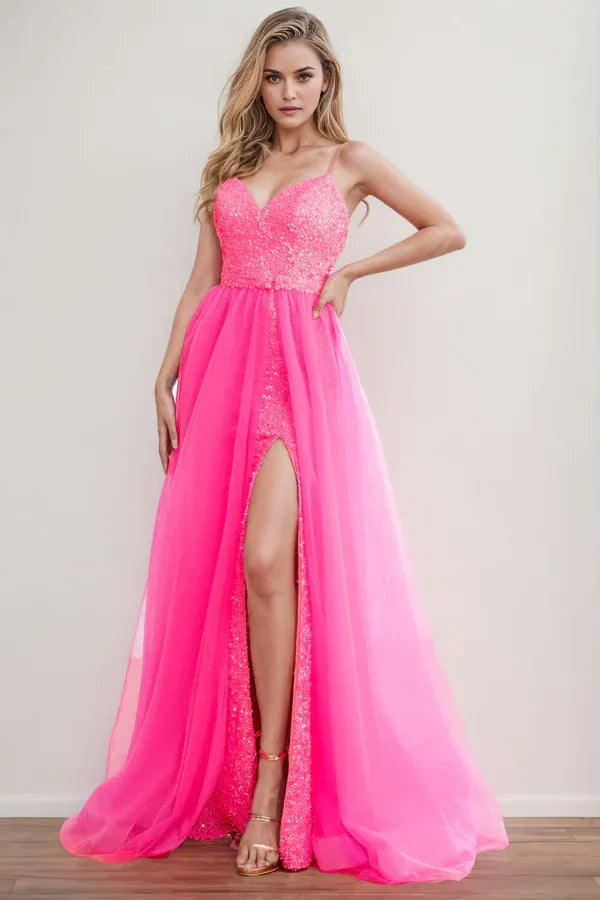 Elegant A-line Spaghetti-Straps Sleeveless Lace Up Sequin Tulle High Side Slit Floor-Length Prom Dress