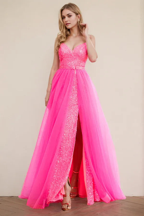 Elegant A-line Spaghetti-Straps Sleeveless Lace Up Sequin Tulle High Side Slit Floor-Length Prom Dress