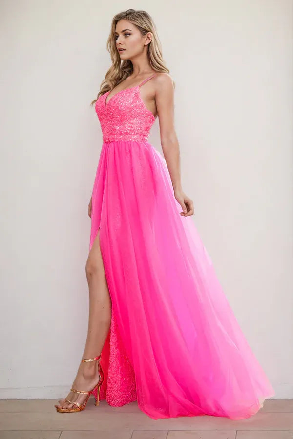 Elegant A-line Spaghetti-Straps Sleeveless Lace Up Sequin Tulle High Side Slit Floor-Length Prom Dress