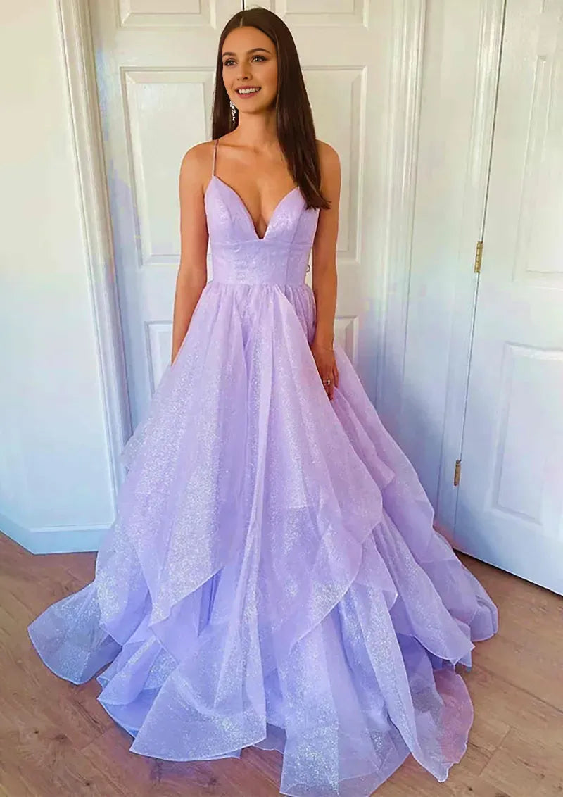 Elegant A-line Sweetheart Neck Sleeveless Glitter Ruffled Tulle Sparkling Lace-Up Back Floor-Length Prom Dress