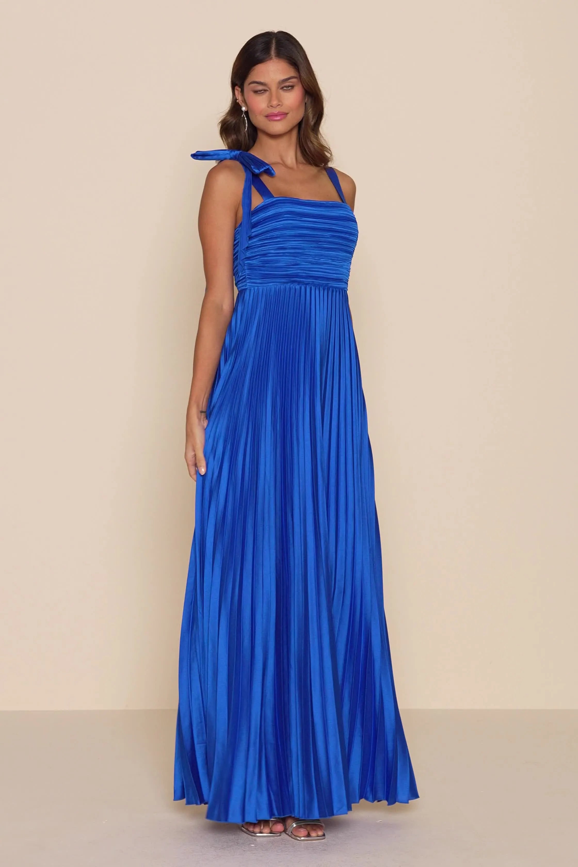 Elegant A Line Square Neck Bow Strap Pleated Floor Length Formal Prom Dresses
