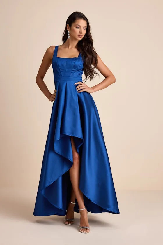 Elegant A Line Square Neck Sleeveless Lace Up Back High Low Floor Length Formal Prom Dresses