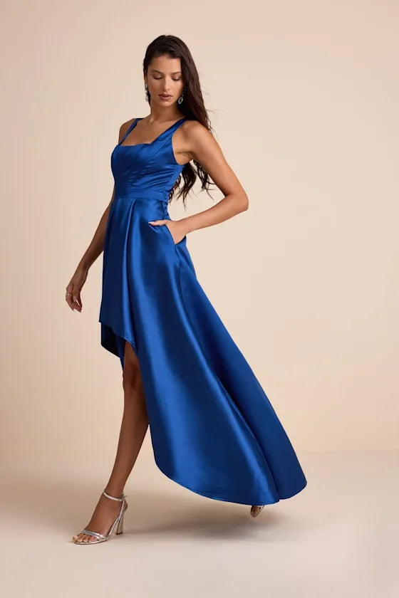 Elegant A Line Square Neck Sleeveless Lace Up Back High Low Floor Length Formal Prom Dresses