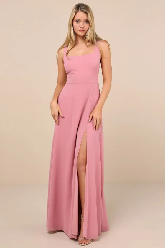 Elegant A Line Square Neck Sleeveless Open Back High Slit Floor Length Formal Prom Dresses