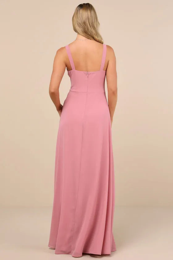 Elegant A Line Square Neck Sleeveless Open Back High Slit Floor Length Formal Prom Dresses