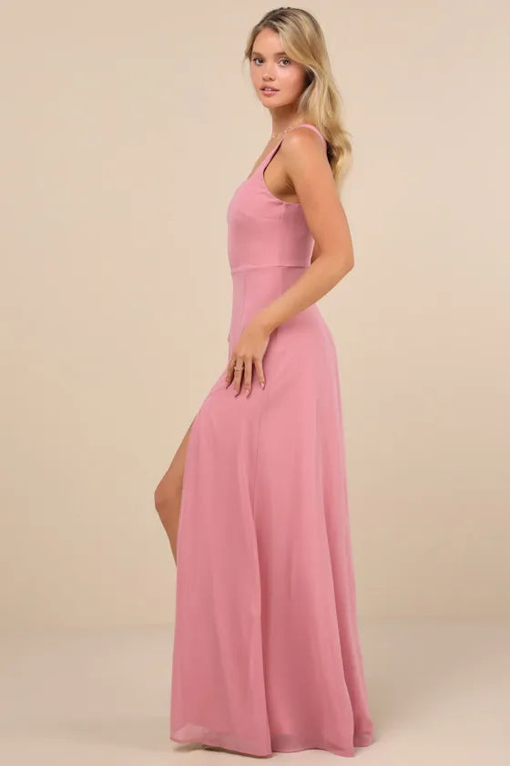 Elegant A Line Square Neck Sleeveless Open Back High Slit Floor Length Formal Prom Dresses