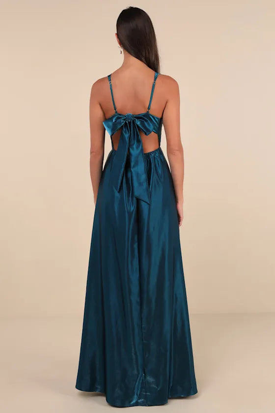 Elegant A Line Square Neck Spaghetti Strap Bow Back Floor Length Formal Prom Dresses