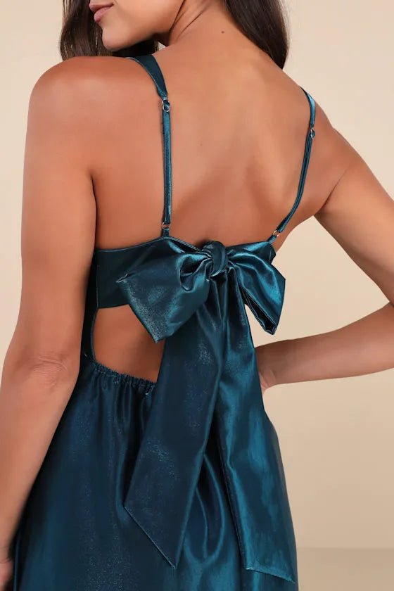 Elegant A Line Square Neck Spaghetti Strap Bow Back Floor Length Formal Prom Dresses