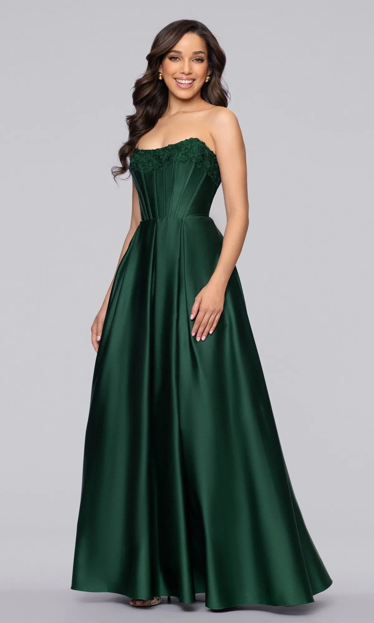 Elegant A Line Strapless Lace Bodice Lace Up Back Floor Length Prom Dresses