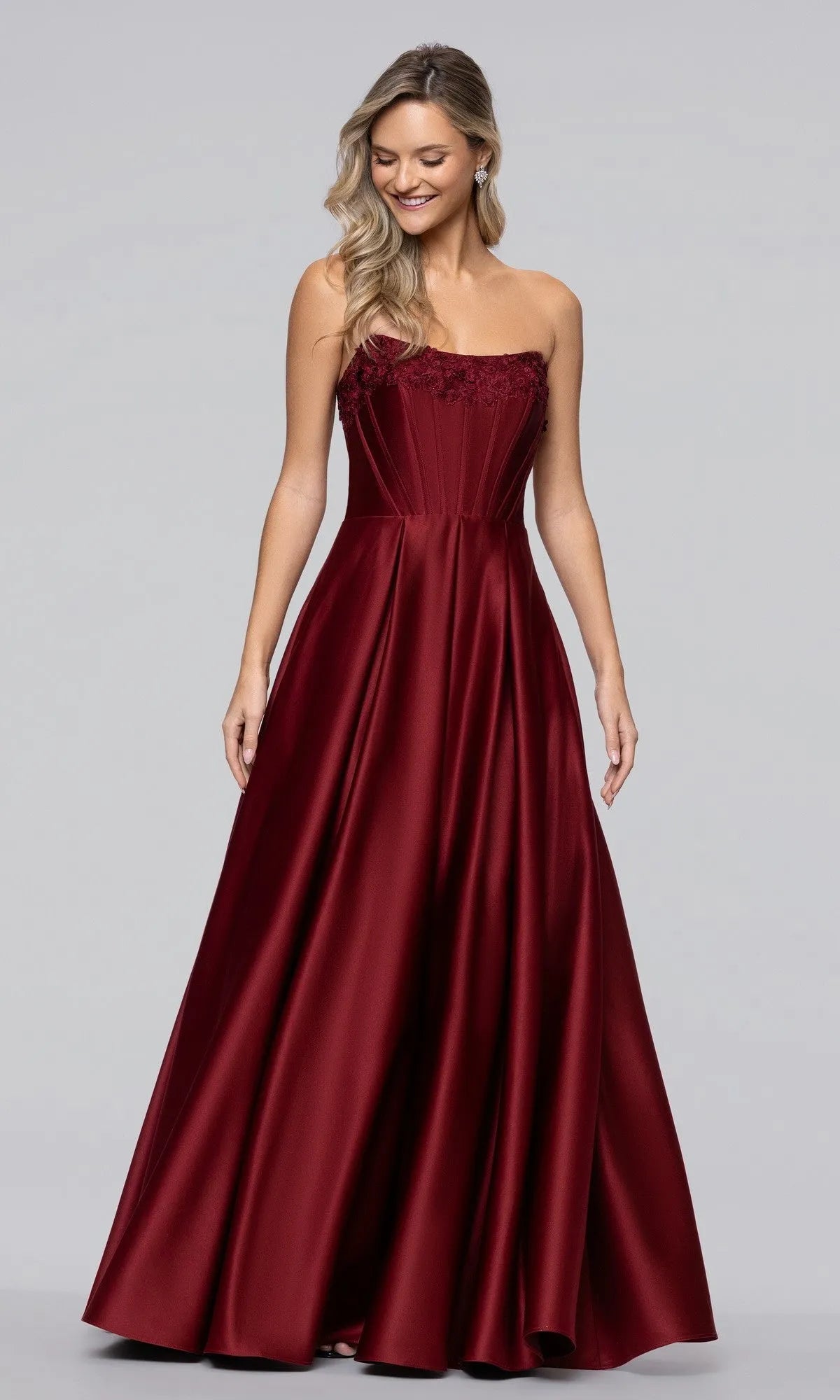 Elegant A Line Strapless Lace Bodice Lace Up Back Floor Length Prom Dresses