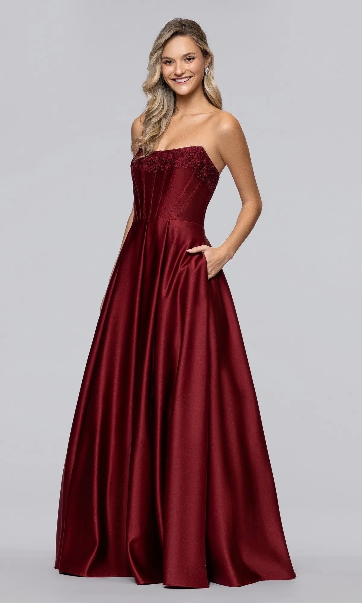 Elegant A Line Strapless Lace Bodice Lace Up Back Floor Length Prom Dresses