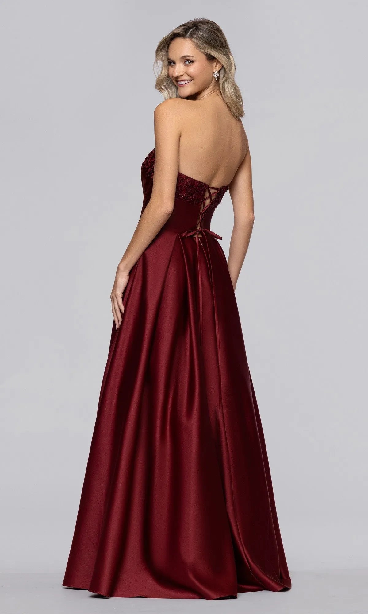 Elegant A Line Strapless Lace Bodice Lace Up Back Floor Length Prom Dresses
