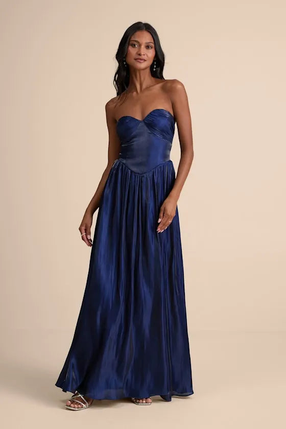 Elegant A Line Strapless Sleeveless Open Back Floor Length Formal Prom Dresses