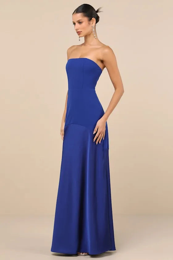 Elegant A Line Strapless Sleeveless Open Back Floor Length Formal Prom Dresses