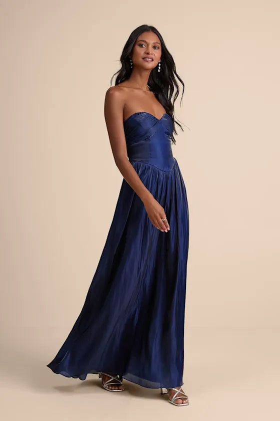 Elegant A Line Strapless Sleeveless Open Back Floor Length Formal Prom Dresses