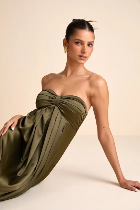 Elegant A Line Strapless Sleeveless Open Back Ruched Floor Length Formal Prom Dresses