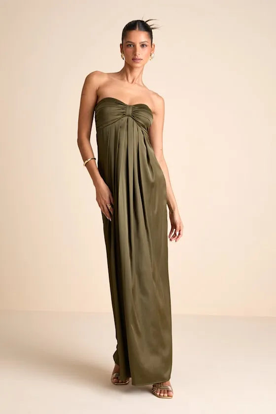 Elegant A Line Strapless Sleeveless Open Back Ruched Floor Length Formal Prom Dresses