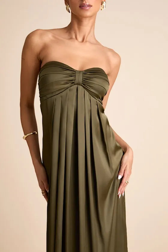 Elegant A Line Strapless Sleeveless Open Back Ruched Floor Length Formal Prom Dresses