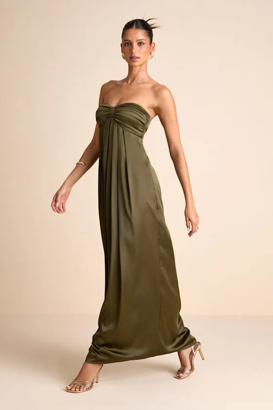 Elegant A Line Strapless Sleeveless Open Back Ruched Floor Length Formal Prom Dresses