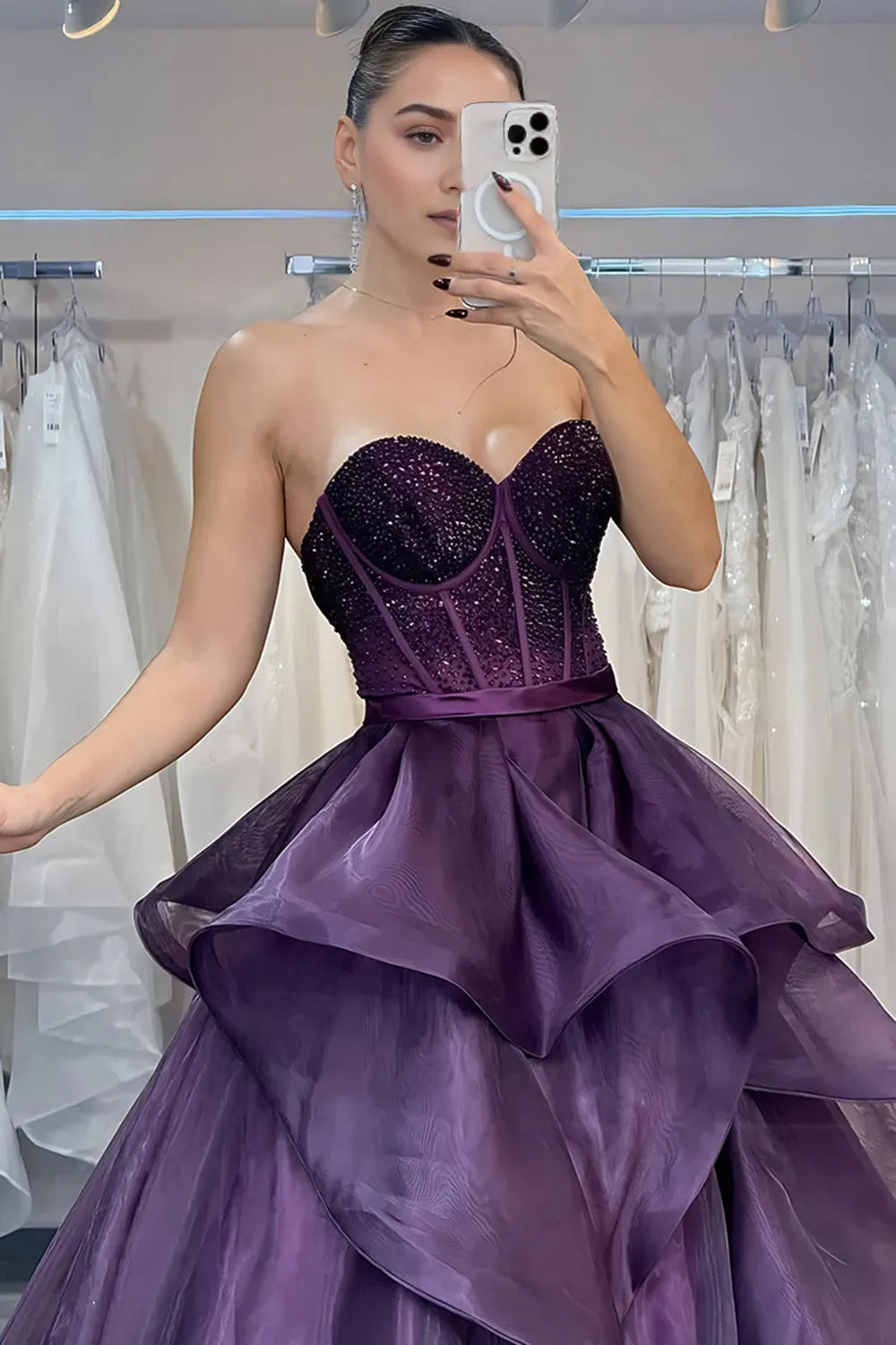 Elegant A Line Sweetheart Neck Sleeveless Beaded Embellished Corset Sweep/Brush Train Prom Dress with Ruffles