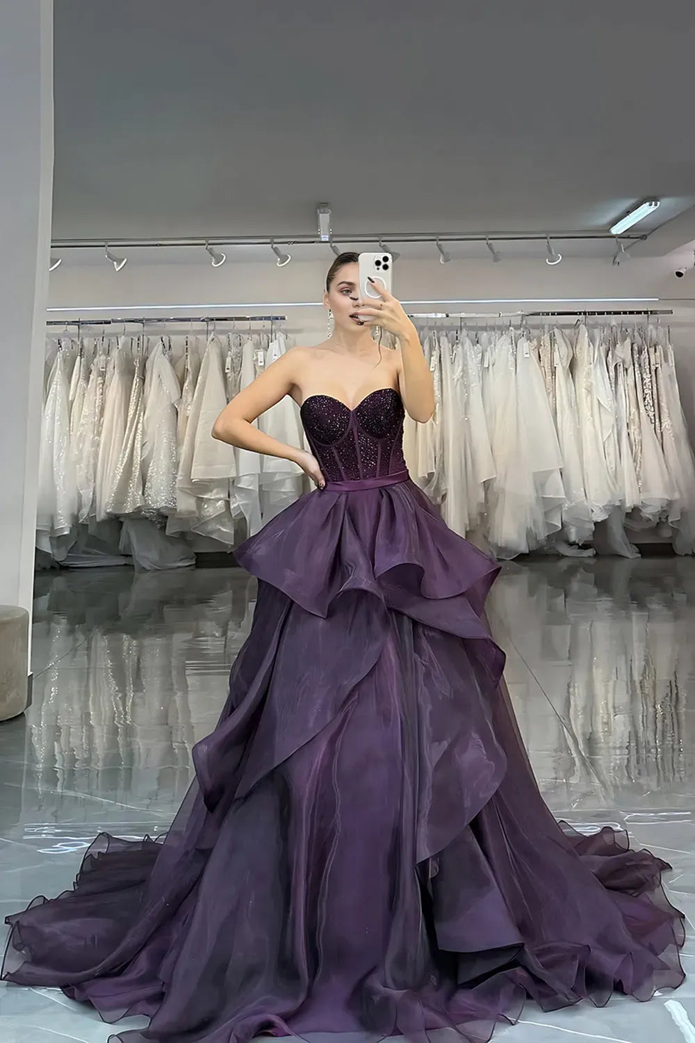 Elegant A Line Sweetheart Neck Sleeveless Beaded Embellished Corset Sweep/Brush Train Prom Dress with Ruffles