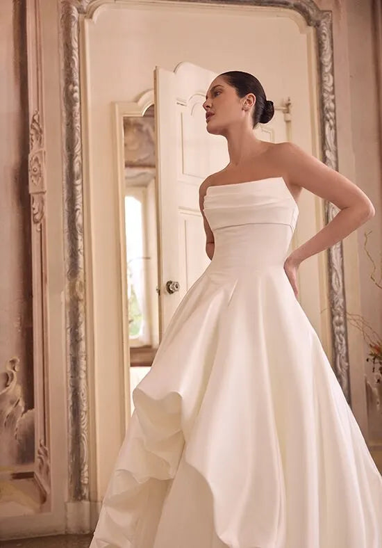 Elegant Ball Gown Strapless Ruffled Back Train Wedding Dresses
