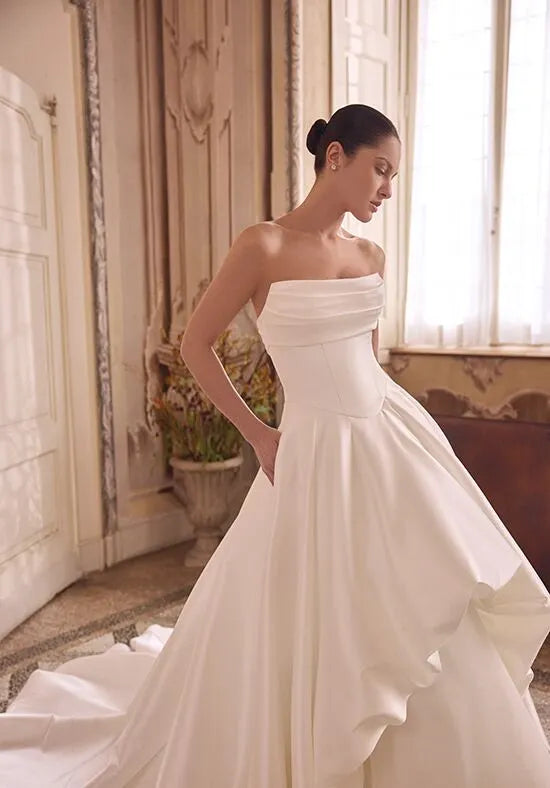 Elegant Ball Gown Strapless Ruffled Back Train Wedding Dresses