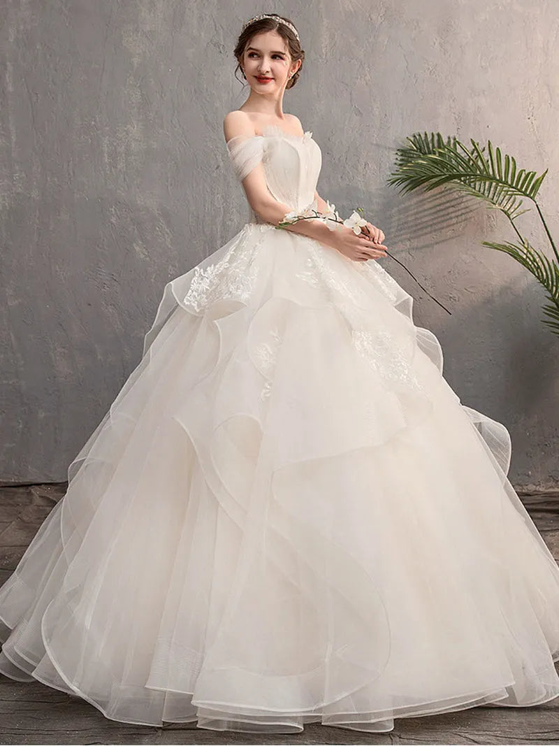 Elegant Ball Sweetheart Neck Off-Shoulder Lace-Up Tulle Back Floor-Length Wedding Dresses