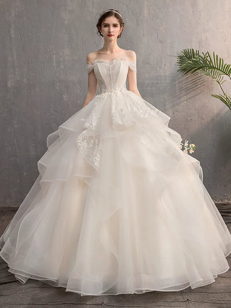 Elegant Ball Sweetheart Neck Off-Shoulder Lace-Up Tulle Back Floor-Length Wedding Dresses