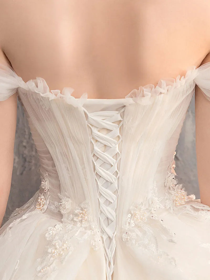 Elegant Ball Sweetheart Neck Off-Shoulder Lace-Up Tulle Back Floor-Length Wedding Dresses